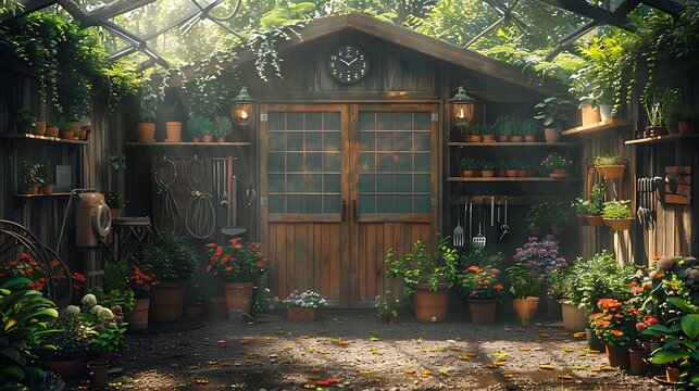 A serene gardening scene, wide-angle shot showing an inviting garden shed with various tools and potted plants around it. The morning light highlights the beauty and details of the shed and plants,
