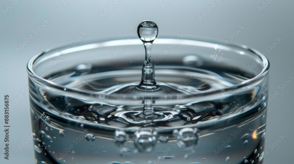 Aufkleber a single water droplet falling into a clear glass of water, causing a tiny splash and concentric rip