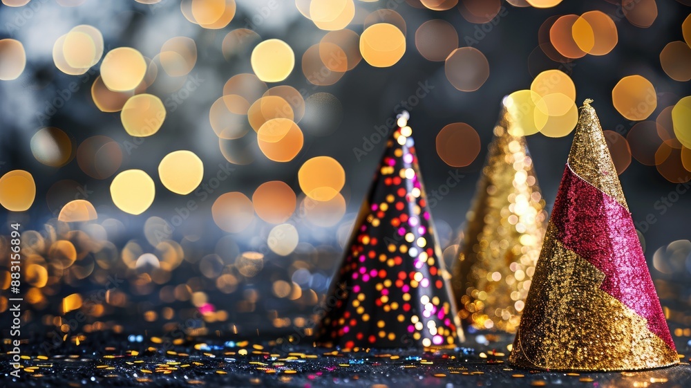 Poster festive conical hats with colorful shimmer on sparkling background