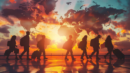 Silhouettes of travelers walking with luggage against a vibrant sunset and world map background at an airport