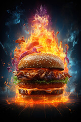 Classic cheeseburger with double patties, melted cheese, pickles, onions, and lettuce, served on a wooden board