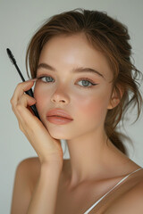 Obraz premium 4 A model with a perfect cat-eye eyeliner look, holding mascara, solid background, studio lighting,