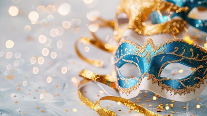 Elegant blue and gold masquerade masks with glitter ribbons