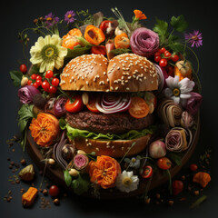 Fototapeta premium Delectable bacon cheeseburger with a perfectly grilled beef patty, fresh lettuce, tomatoes, and onions on a toasted bun with a blurred background.