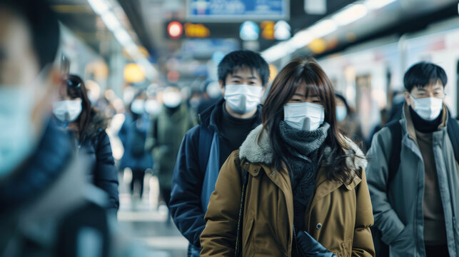 Crowded subway platform with people wearing face masks during morning commute