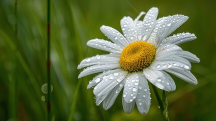 Fototapeta premium A solitary daisy with raindrops on its white petals, set against a green meadow background.