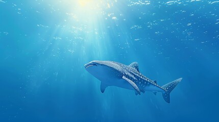 Obraz premium A solitary whale shark, the largest fish in the sea, gliding peacefully through clear blue ocean waters.