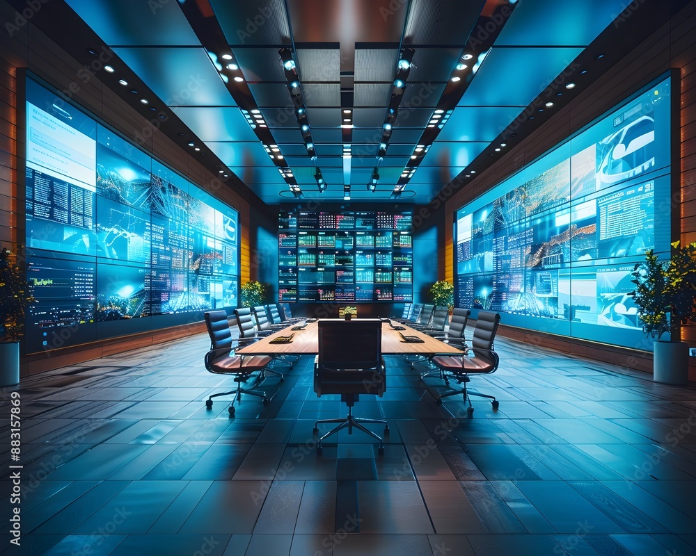 Poster advanced corporate boardroom with high tech communication setup and surround sound