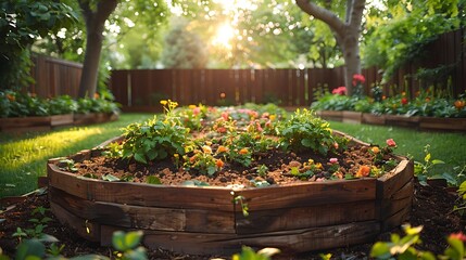 A tranquil garden setup, wide-angle view showing a compost bin filled with rich, dark soil and garden waste. The natural light enhances the textures and colors of the compost,