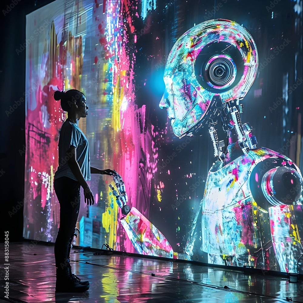 Poster robotic ai driven art performance interacting with human performers on mesmerizing futuristic stage