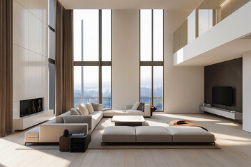 White living room interior with sofa and armchair, shelf with art decoration, carpet on hardwood floor. Panoramic window on tropics. Mockup copy space wall. 3D rendering