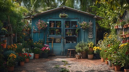 Obraz premium A tranquil garden setup, wide-angle view showing an inviting shed with tools and potted plants arranged around it. The natural light enhances the vibrant colors and textures of the plants,