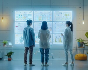 Biotech Startup Team Brainstorming Innovative Solutions in Collaborative Office with Digital Whiteboards and Prototypes