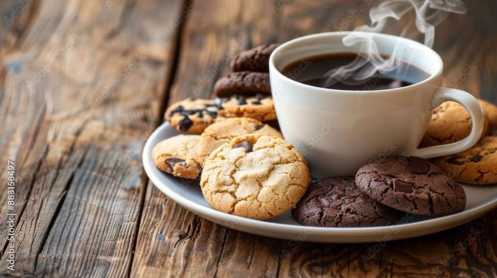 Poster A steaming cup of coffee and a plate of assorted cookies on a rustic wooden table.