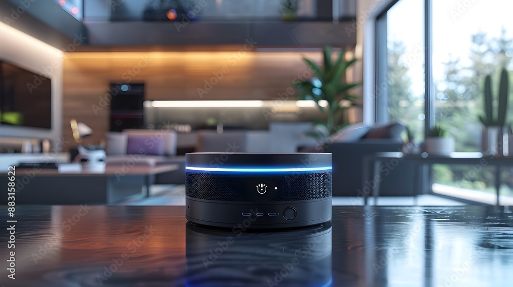 Poster smart home hub controlling connected devices with voice activated commands and sleek modern design