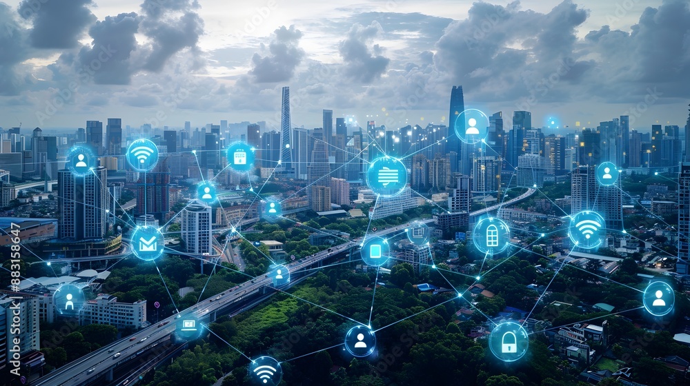 Poster smart city infrastructure enabling interconnected communication systems for efficient urban manageme
