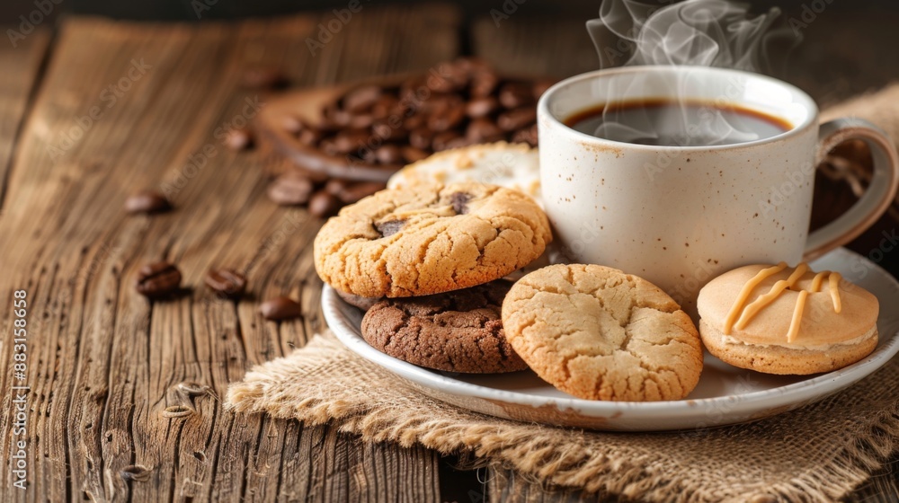 Poster A steaming cup of coffee and a plate of assorted cookies on a rustic wooden table.