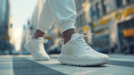 Close-up of white sneakers crossing a city street