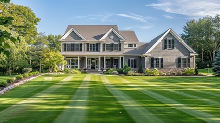 Suburban Colonial home with an expansive front lawn, ideal for family gatherings and summer barbecues