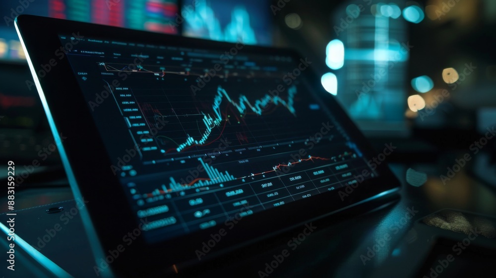 Poster a tablet showing a real-time stock market graph with fluctuating lines and data points.