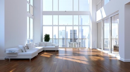 Fototapeta premium Modern high-rise interior with floor-to-ceiling windows, white decor, and city skyline view. Spacious and bright living space with wooden floors.