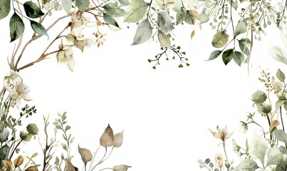 Fototapeta premium watercolor, cute and creepy woodland banner with blank space for writing on a white background, vintage clipart, fairycore, cottage core, whimsical forest elements, mossy foliage plants, flowers 