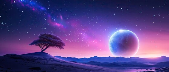 Exotic Moonlit Planet with Alien Flora