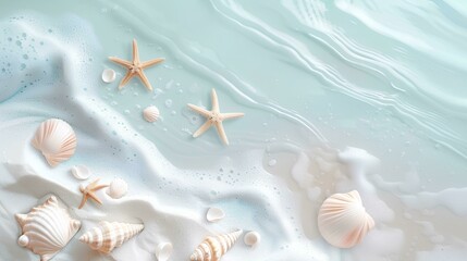 White beach background, light blue sea water, starfish and shells scattered on the sand, mobile phone wallpaper. The scene depicts a beach landscape in the style of minimal