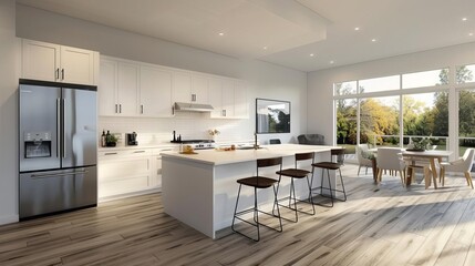 Fototapeta premium Modern kitchen interior with white cabinets, island seating, stainless steel appliances, and large windows offering natural light.