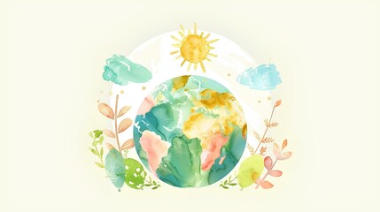 Naklejka premium Cute cartoon style with a simple background showing the sun and trees on earth. A watercolor hand drawn suitable for a children's book in a pastel color palette. A minimalist