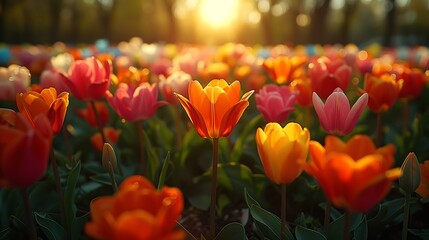 A wide-angle shot of a garden in full bloom during spring, featuring vibrant flowers of various colors. The soft sunlight illuminates the petals, creating a lively and cheerful atmosphere.
