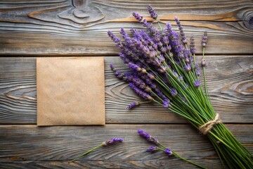 Naklejka premium Top view of the lavender bouquet and crafted paper