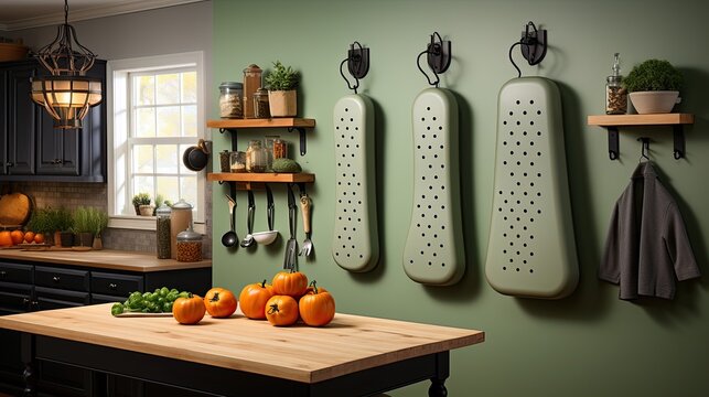 A wall-mounted pegboard showcasing a curated display of handcrafted kitchen utensils, adding functionality with a touch of rustic charm 