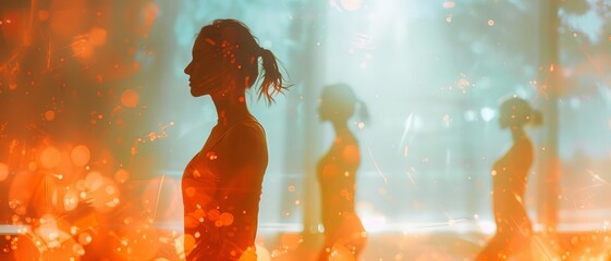 Fitness class incorporating mental wellness, close up, focus on, copy space, warm dynamic hues, Double exposure silhouette with group exercise and mindfulness techniques