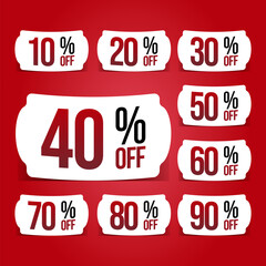 Tag sale discounts from 20, 30, 40, 50, 60, 70, 80, 90 percent. Trendy red sales promotion banner element. Vector illustration