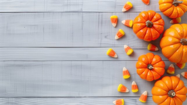Festive autumn background with pumpkins and candy corn on rustic wooden surface, perfect for seasonal and holiday themes.