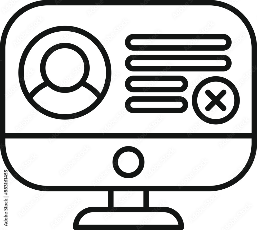 Poster computer monitor displaying a user profile with a prominent cross mark, indicating the action of del