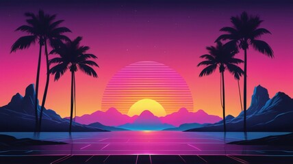 bauty sunset with synthwave scene 