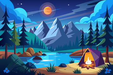 Mountain night camping. Cartoon forest landscape with lake, tent and campfire, sky with moon. Hiking adventure, nature tourism vector scene stock illustration