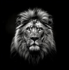 black and white portret of a male lion his face; front view