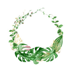 Watercolor hand-drawn frame-wreath with tropical green and gold leaves