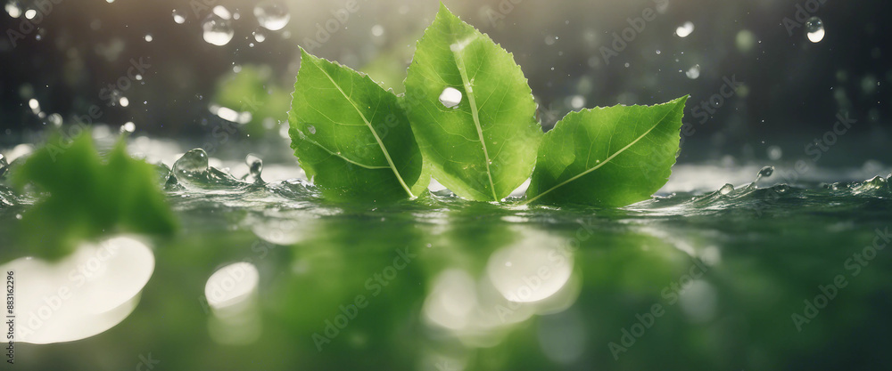 Wall mural fresh green leaves splashing with water cut out