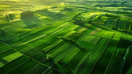 Aerial view of green farmland fields at sunrise with patchwork crops