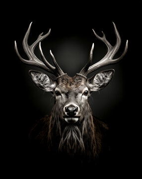 black and white portret of a head of a deer with large antlers