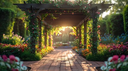 Fototapeta premium A wide-angle view of a garden trellis covered in climbing plants, set in a vibrant garden. The sunlight filters through the leaves,
