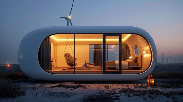 Zero-energy house with a wind turbine and solar array