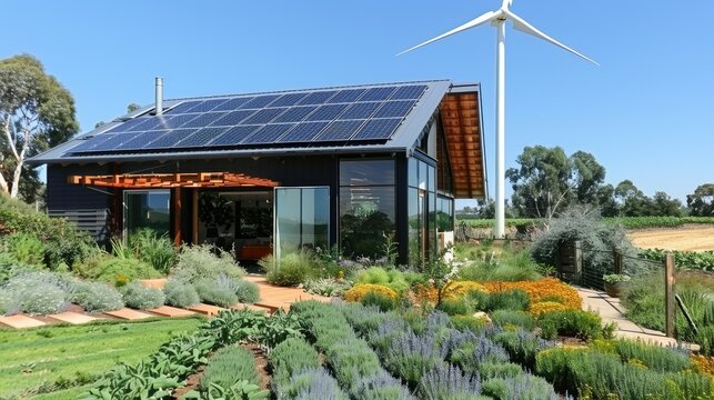 Zero-energy house with a wind turbine and solar array