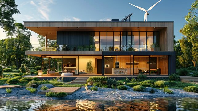 Zero-energy house with a wind turbine and solar array