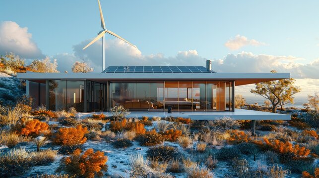 Zero-energy house with a wind turbine and solar array