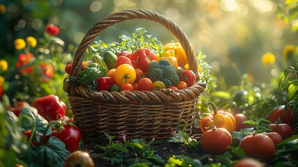 A wide-angle view of a vegetable harvest, showcasing a basket brimming with fresh, colorful vegetables. The scene is set in a vibrant garden, with sunlight filtering through,